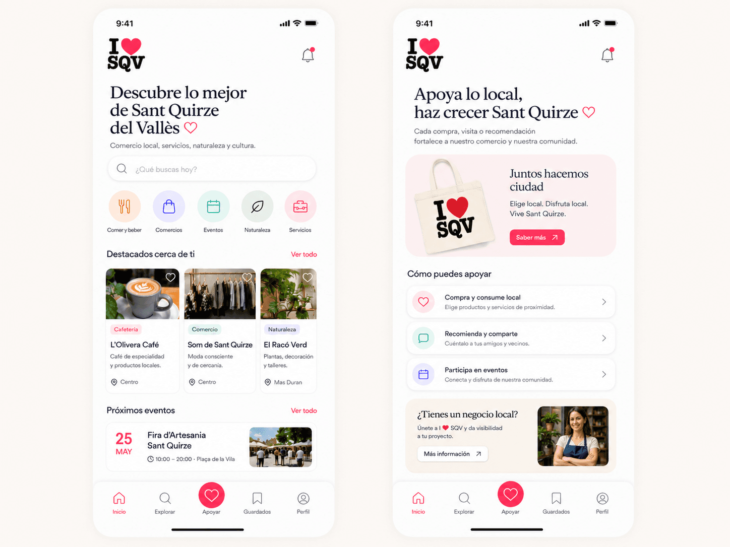 Disseny de la futura app I ❤️ SQV amb pantalles de descobriment local i suport al comerç